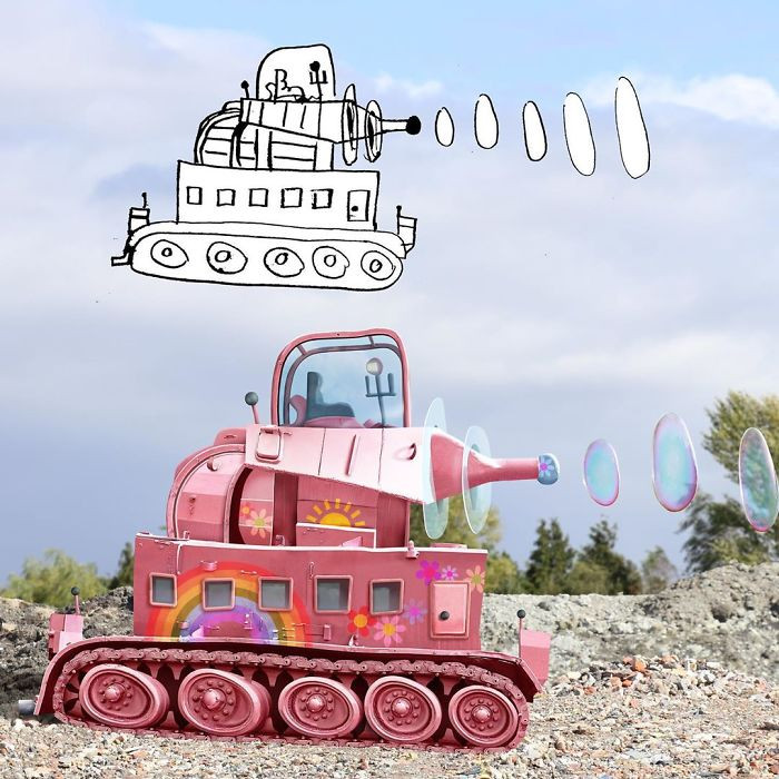 9. Kids drew an army tank that would cause destruction, but their father added bubbles and made it look cute