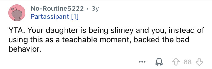 You backed her bad behavior.