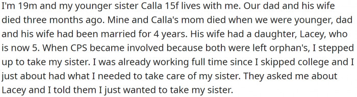 OP, a 19-year-old male, has a 15-year-old sister, Calla, living with him. Their father and his wife passed away three months ago, and their mother died when they were younger