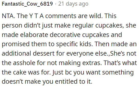 OP's not wrong for not making extra cupcakes; the cake was meant to accommodate everyone else.
