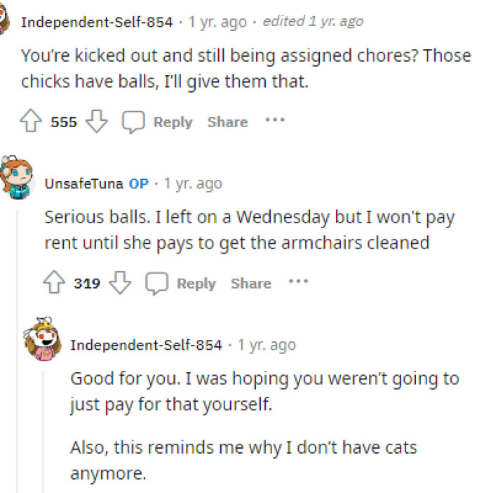 It seems OP has a bit of a game plan regarding what she will pay and what she won't pay concerning rent and the armchairs.