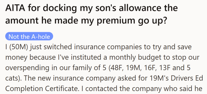 A dad trying to rein in family spending hits a snag when his 19-year-old skips part of drivers ed, bumping up the insurance bill he worked hard to lower.