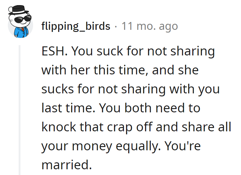 He nixed the share; she played it tight before. Time to ditch the cash clash—equal sharing's in the marriage crash course!