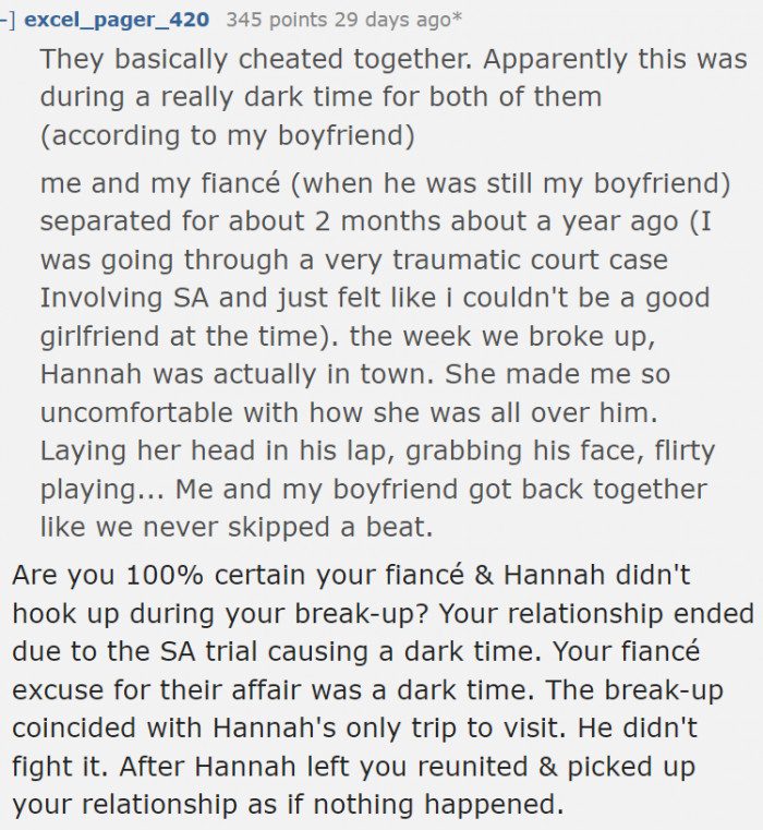 Redditors also want to confirm if a hookup didn't take place during their breakup in the past.