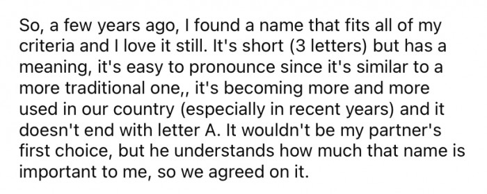 The Redditor says she found a name a few years ago that matched all her criteria—short, meaningful, and not ending in A.