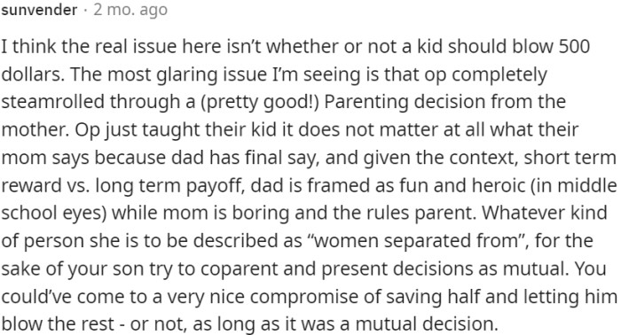The focus should be on collaborative decision-making rather than undermining the mother's role or creating an imbalance in parental authority