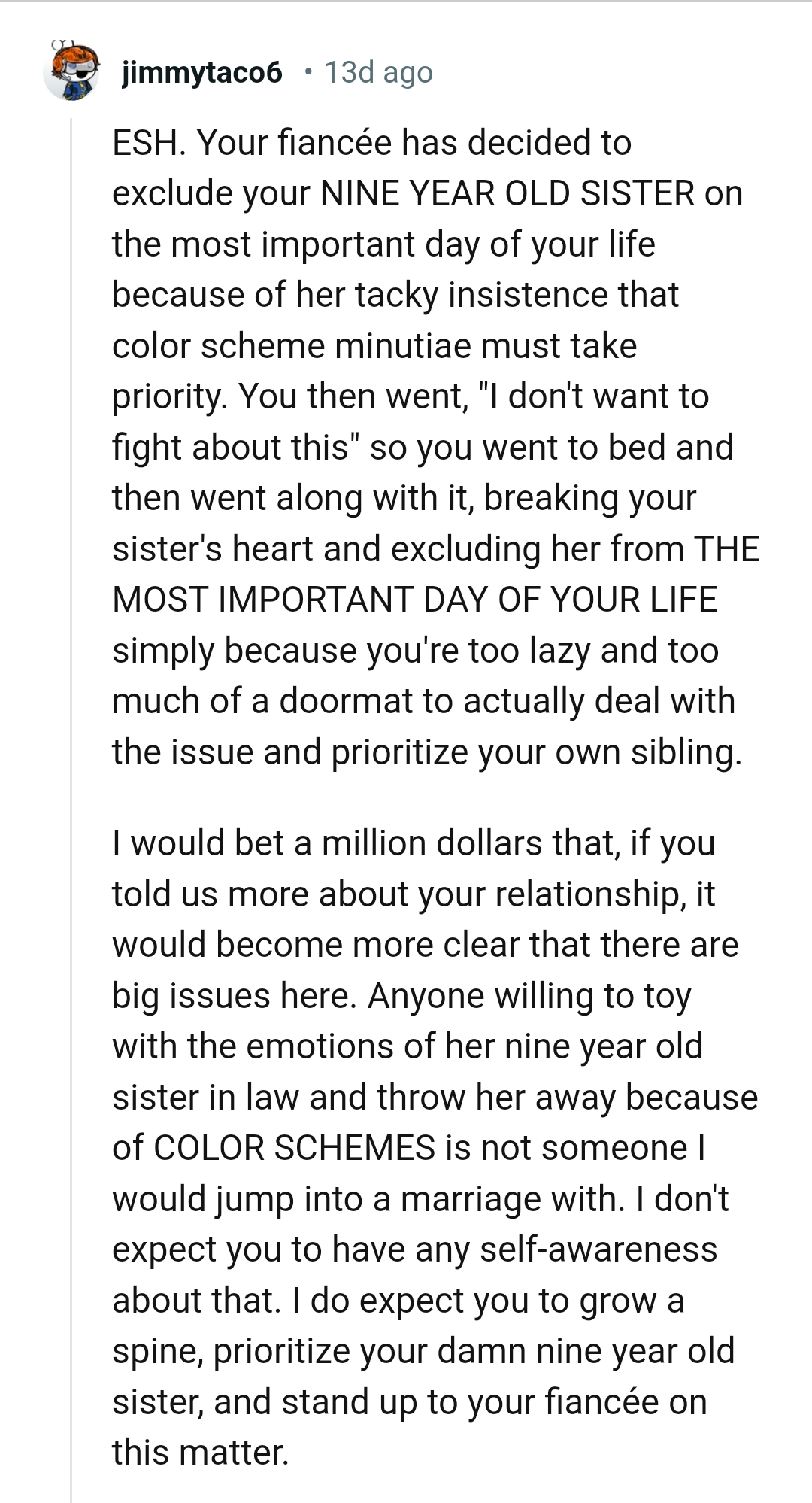 OP's fiancée decided to exclude a nine-year-old