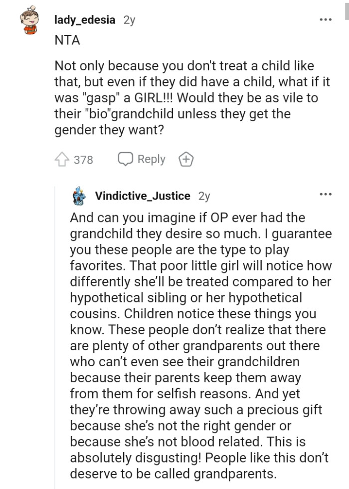 If the OP had the grandchild they desired, his parents will be playing favorites