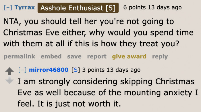 The OP is Now Considering Ditching Her Mom on Christmas Eve.