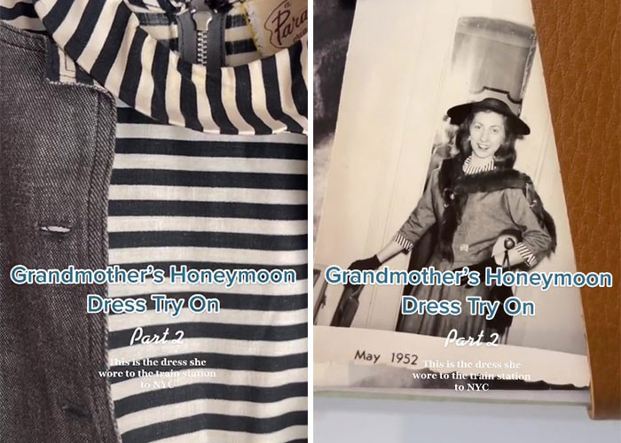 She then tried on a striped top and a gray jacket and skirt ensemble that her grandmother wore to take the train from Philadelphia to New York.