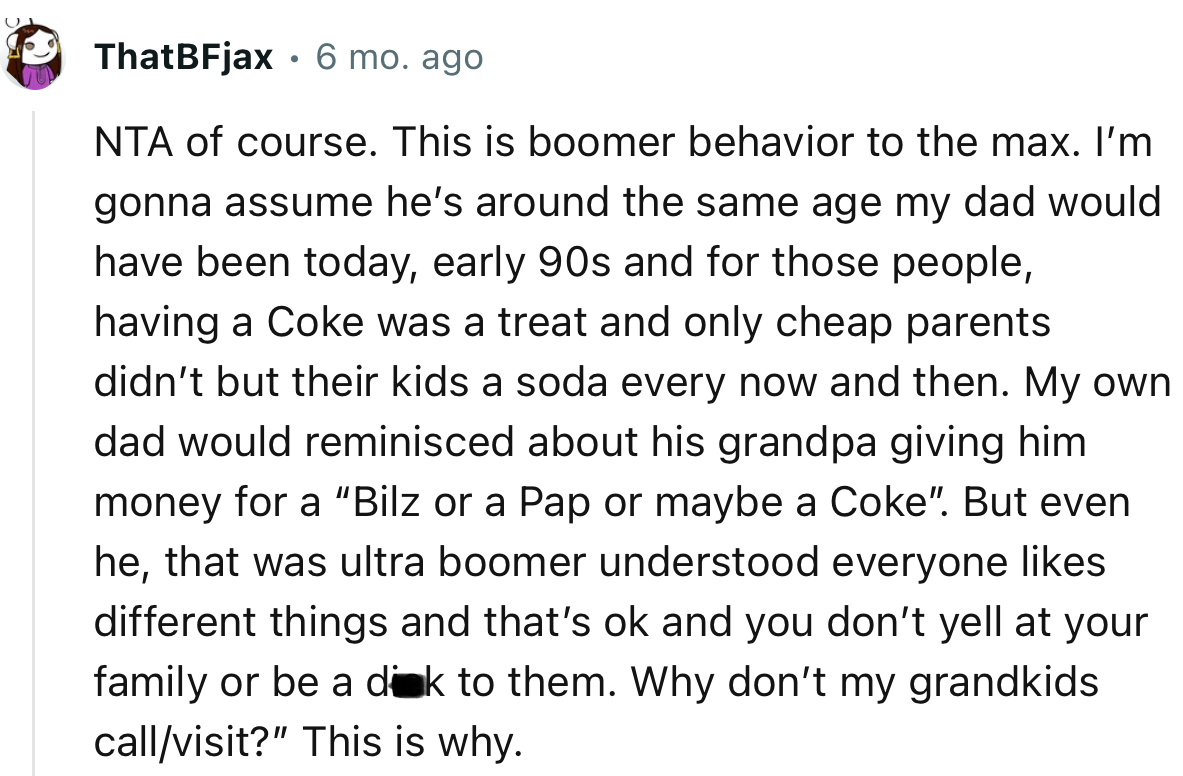 “NTA, of course. This is boomer behavior to the max.”