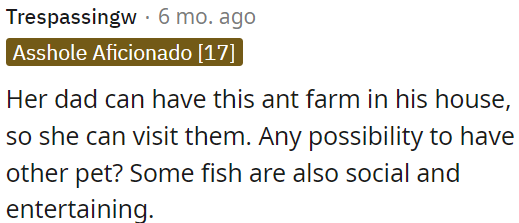 She can care for the ant farm at her father's place.