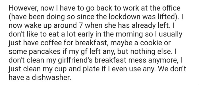 Now OP has to go back to the office. He explained that he leaves early as well and that the workload is a lot right now. This has consequently hindered him from cleaning up after his girlfriend like before.