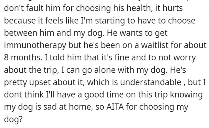 So she decides to go on the trip alone with her dog