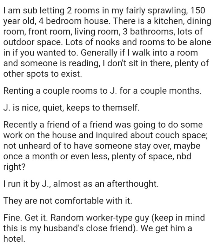 OP's house has a kitchen, dining room, front room, living room, three bathrooms, and lots of outdoor space