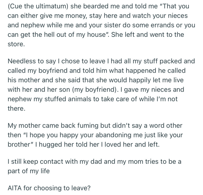 OP ended up leaving out of frustration