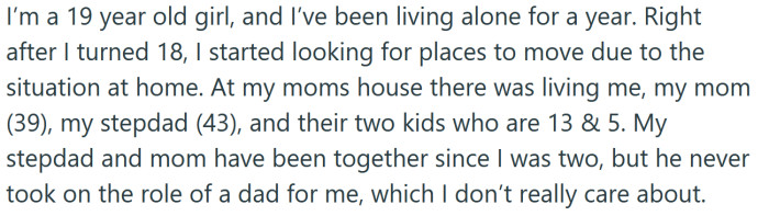 She explained that she is 19 and has been living alone for about a year now.