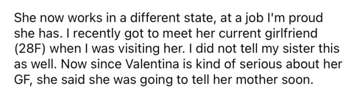 Now that Valentina has a serious girlfriend, she decided she should finally tell her mother.