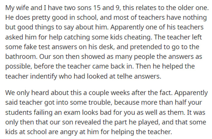 OP starts off by explaining their family dynamic and then provides details about what happened with their oldest son and the cheating scandal.