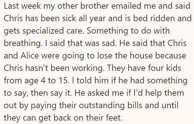 Recently, another brother informed the OP that Chris was ill and needed money and asked if he could help them again