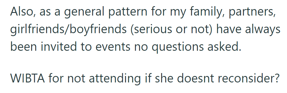 Partners always invited, no questions asked in her family. Would skipping be wrong if her sister doesn't reconsider?
