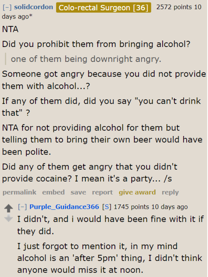 A user thinks that the OP should have allowed and informed her friends that they could bring alcohol with them.