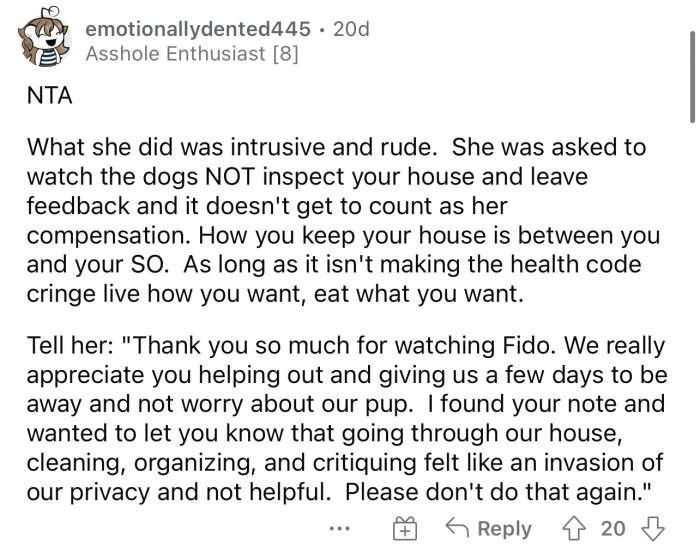 This comment was very helpful as it gave her a bit of something to tell her MIL in response to the note she left.