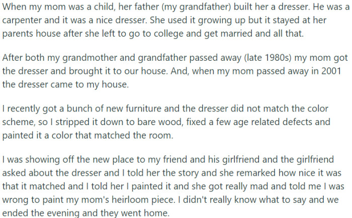 A cherished dresser, handcrafted by OP's grandfather for their mother, holds sentimental value