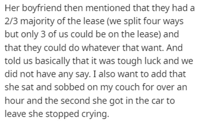 The other couple mentioned that they technically own a majority of the lease, so they could do whatever they wanted