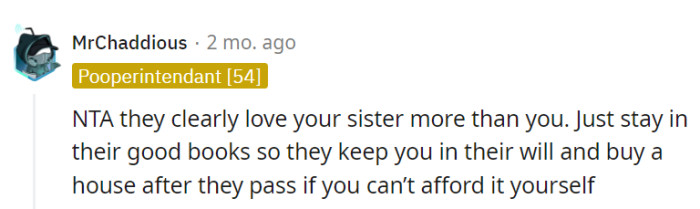 A clever approach: staying in the parents' good graces for a potential house through the will.