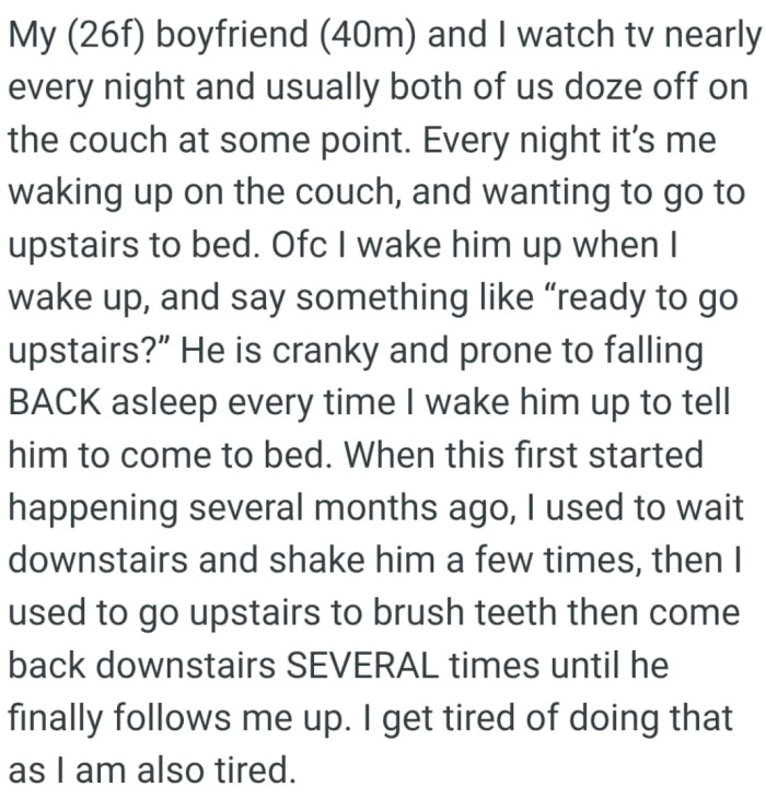OP's boyfriend is cranky and prone to falling back asleep every time she wakes him up