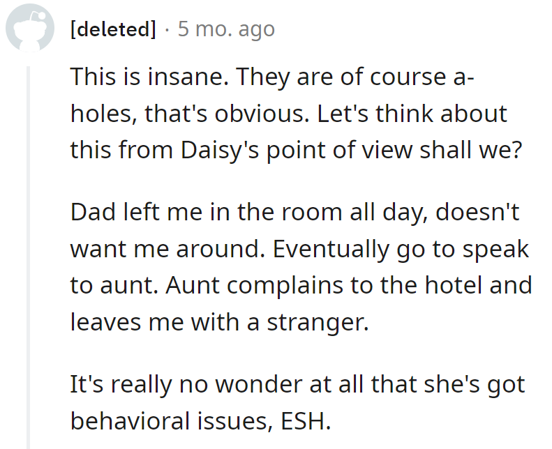 Dad pulls a Houdini, Aunt dials the hotel, and now there's a stranger-sitter plot twist. No wonder her behavior's in full circus mode.