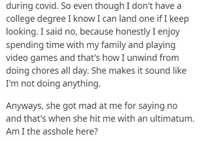 He refused, so she gave him an ultimatum