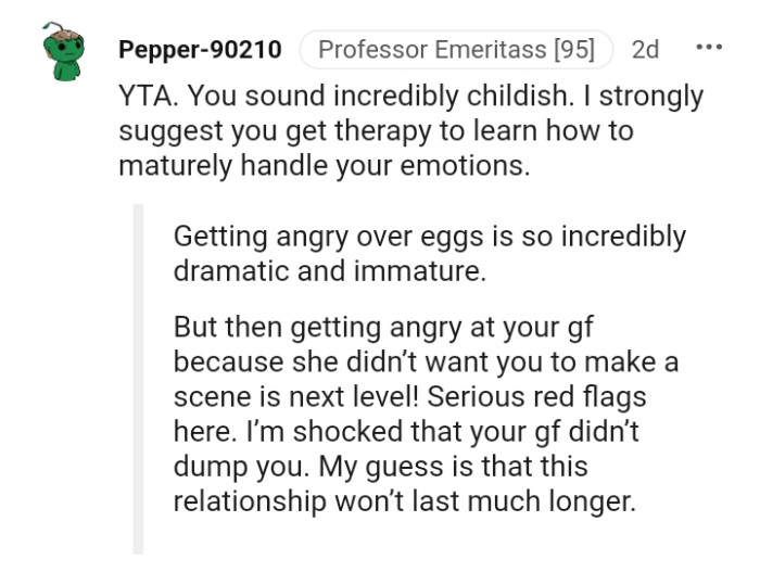 This redditor is advising the OP to get therapy