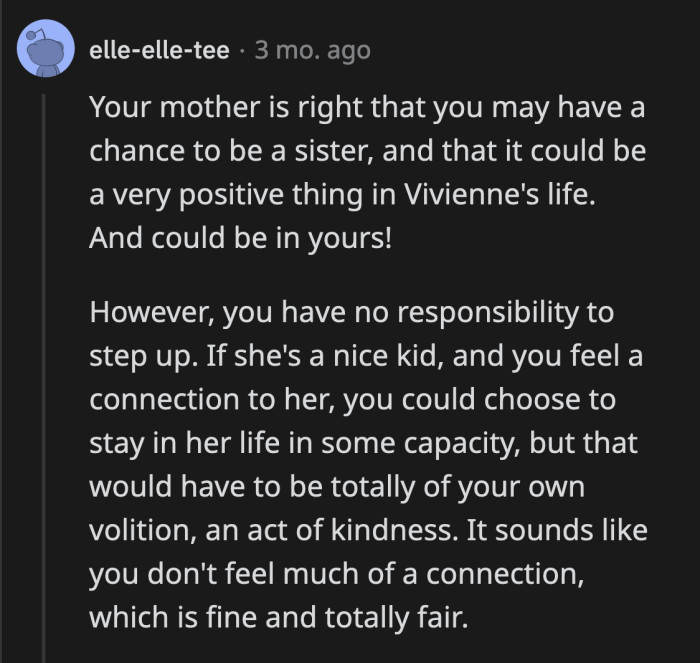 If OP wants to be a part of Vivienne's life, then that's up to her. But they have no right to guilt her because she is not responsible for that child.