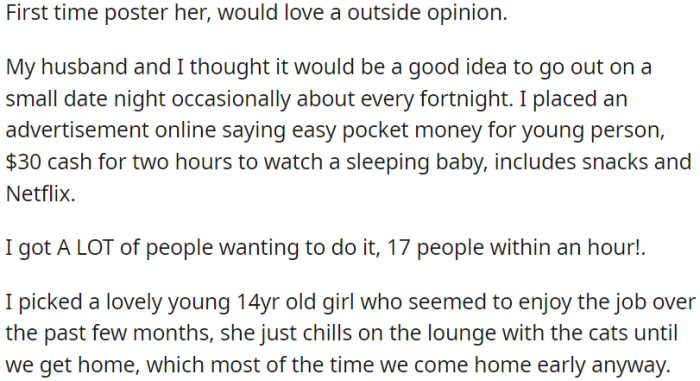 OP hired a 14-year-old to babysit while she and her husband go on date nights every two weeks