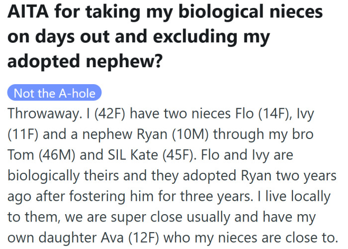 OP introduces her nieces and their adopted brother, laying out the family ties that sparked her difficult decision.