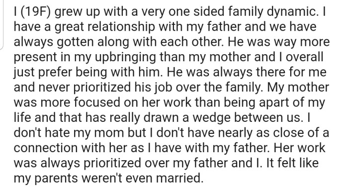 OP and Her Dad Have a Very Strong Relationship, Unlike Her Mom Who Has Been Distant Due to Work