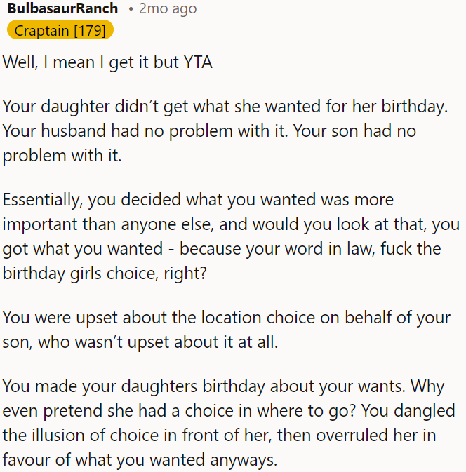 OP pretended to give her a choice, only to impose her own will.