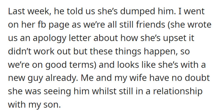 “These things happen,” but at least the father and the ex-girlfriend are good. No bad blood.