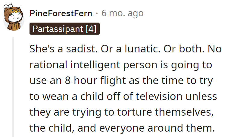 Is she a sadist or a lunatic? Using an 8-hour flight to wean a child off TV is like choosing turbulence over tranquility.