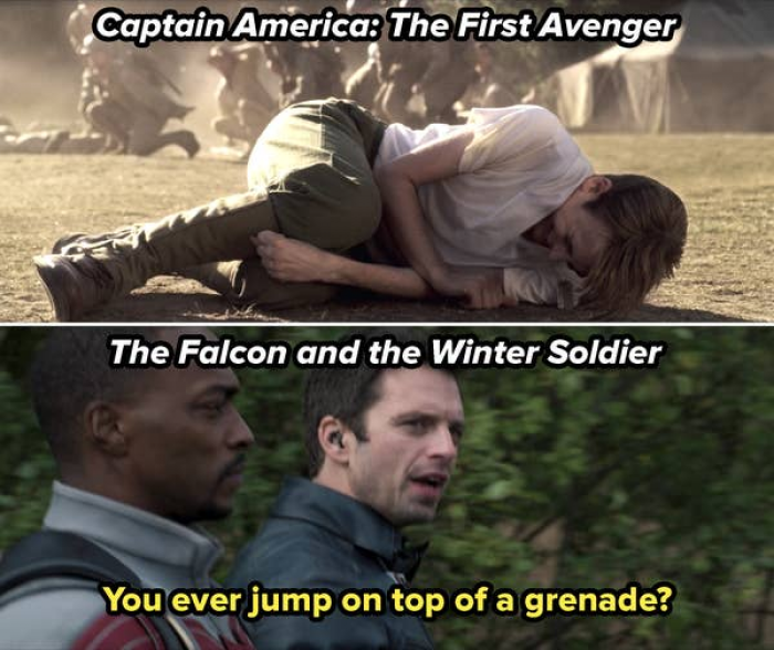 56. Bucky asks John if he had ever jumped on a grenade in 'The Falcon and the Winter Solider', referencing the test Colonel Phillips used in 'Captain America: The First Avenger' that Steve passed