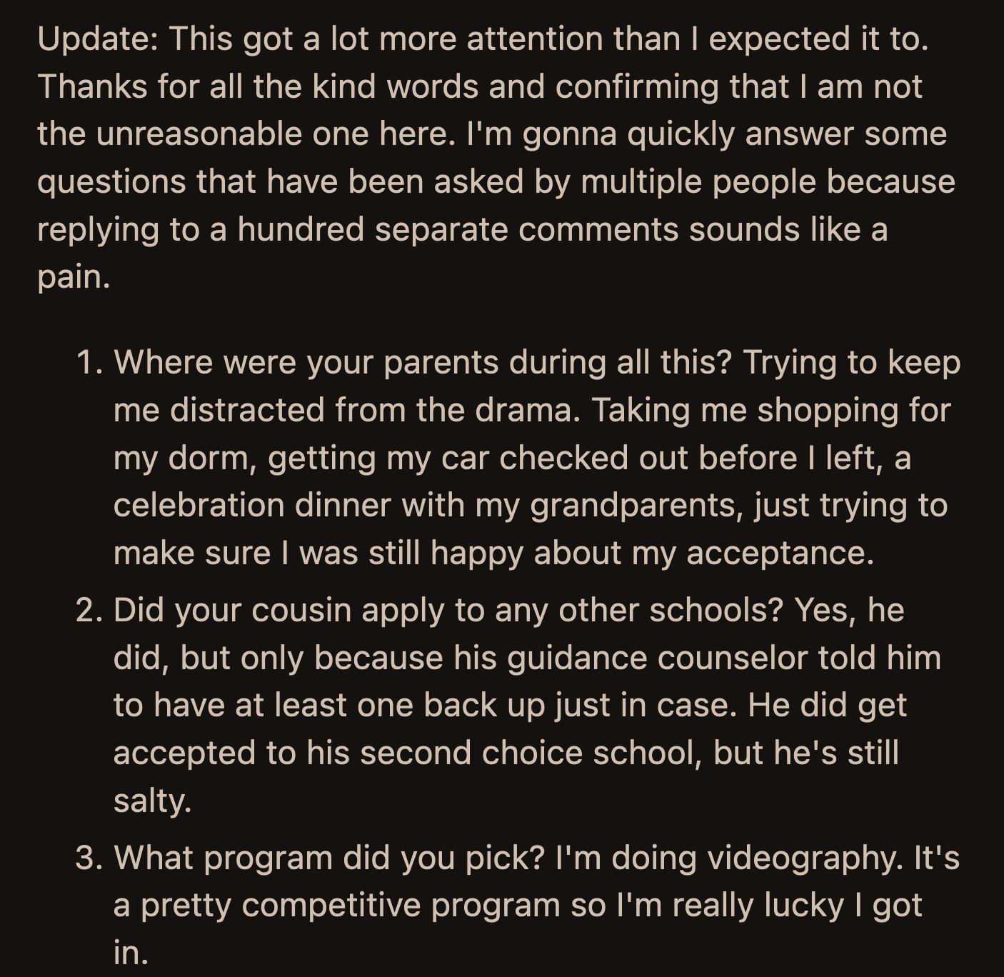 OP shared an update in the same post to answer a few questions that boggled the Redditors' minds.