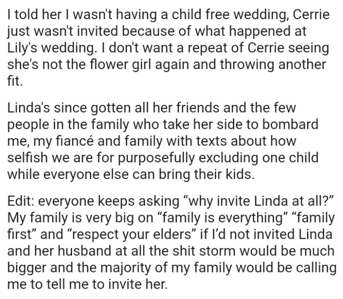 The OP has been bombarded with texts about how selfish they are for purposefully excluding one child