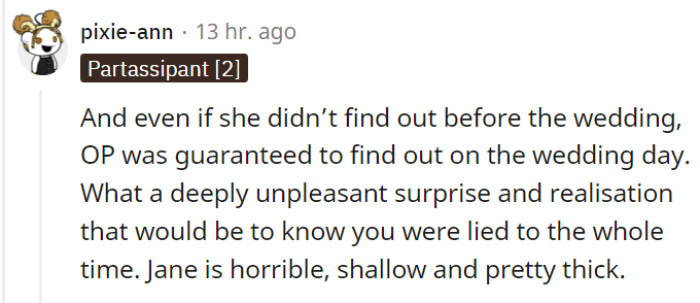 If OP hadn't discovered the truth before the wedding, it would have been a crushing revelation on the big day.