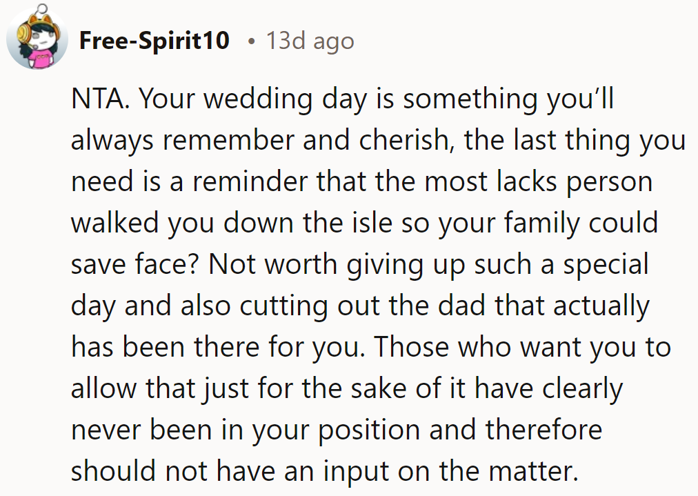 NTA. Her wedding day shouldn't include someone who hasn't earned the right to be there.