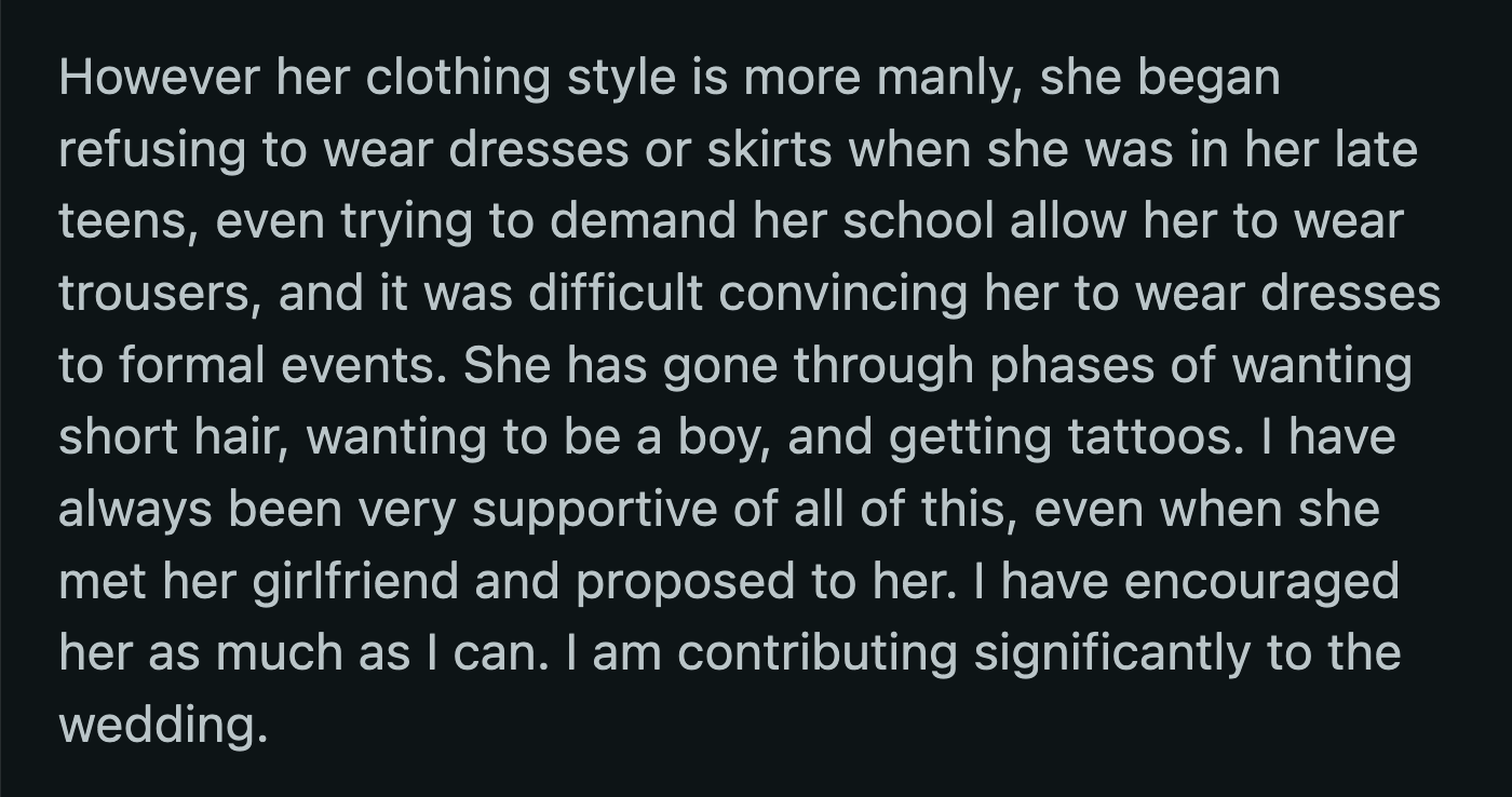 OP suggested that her daughter's fiancée could wear the dress instead, but her daughter declined. They haven't had a meaningful conversation since.