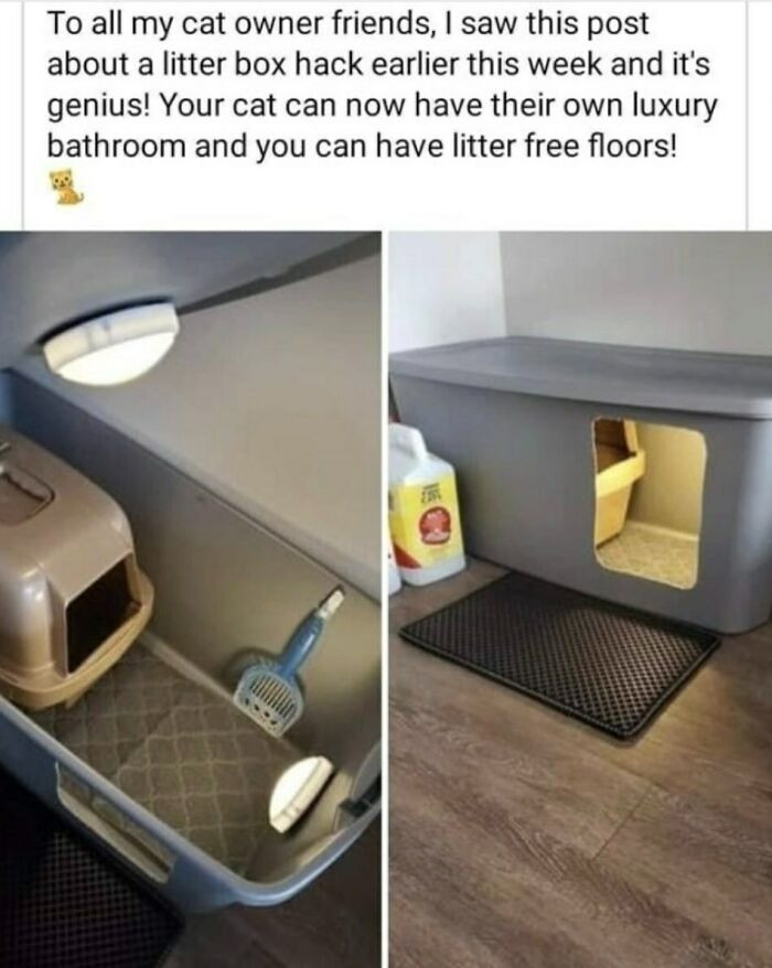 "A Simple Litter Box Setup That Keeps Litter Off The Floor And Gives Cats A Cleaner, More Private Space"
