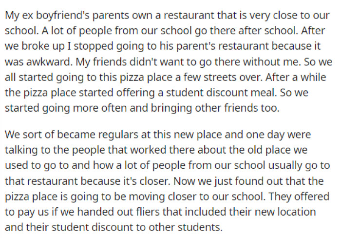 OP explains a bit about her and her ex-boyfriend's relationship and what happened with his parent's restaurant.