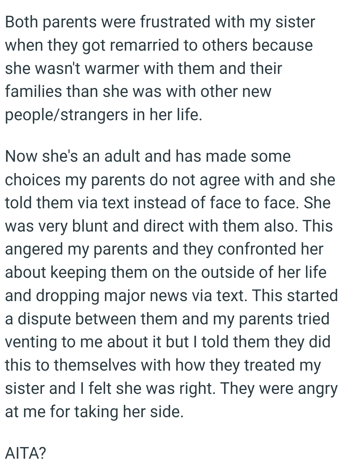 OP's parents tried venting to her about it but she told them they did this to themselves